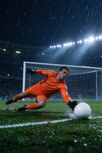 Soccer striker shooting at goal in a night match, streamed from the AirnTV soccer folder