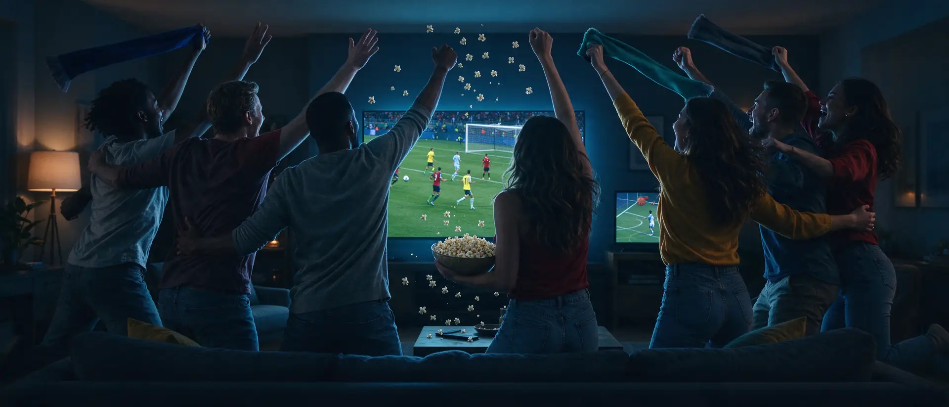 A group of friends at home jumping up as their team scores, the game streaming live on AirnTV