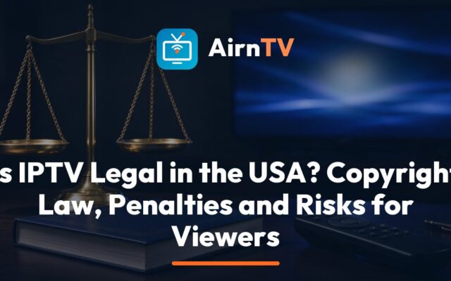AirnTV explainer on US IPTV law, showing a TV with a live game next to a law book and a gavel