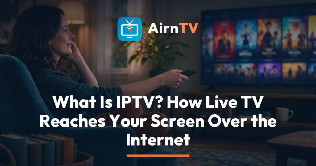 AirnTV explainer on what IPTV is, showing a live game streaming from a server through a router to a TV and a phone