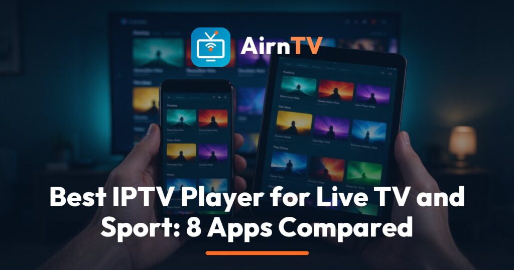 AirnTV best IPTV player guide: a living-room TV showing a live sports channel list and guide grid, with a remote and a phone on the table