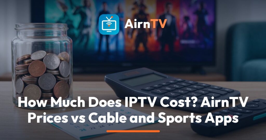 AirnTV IPTV cost breakdown comparing one login on a TV showing a live game with a stack of separate sports app bills