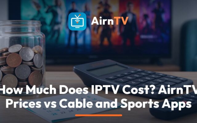 AirnTV IPTV cost breakdown comparing one login on a TV showing a live game with a stack of separate sports app bills