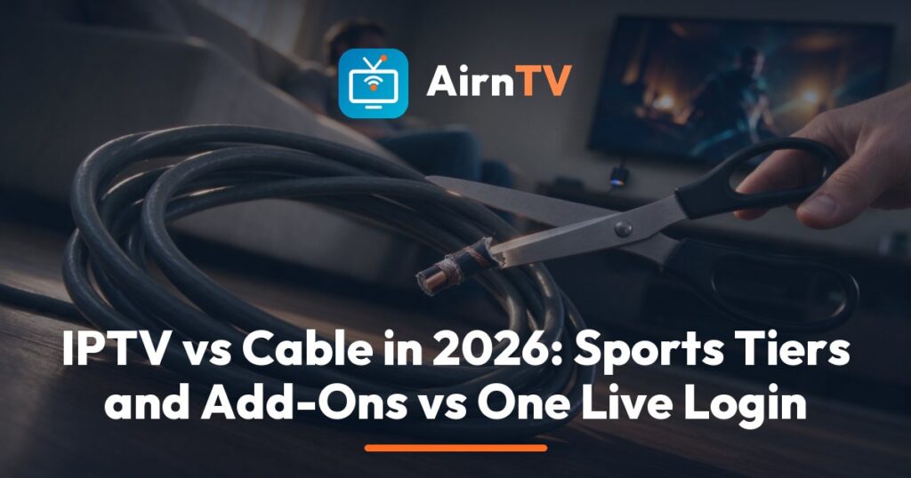 AirnTV IPTV vs cable comparison: a rented cable box and coaxial wire beside a streaming stick and a TV showing a live sports channel list