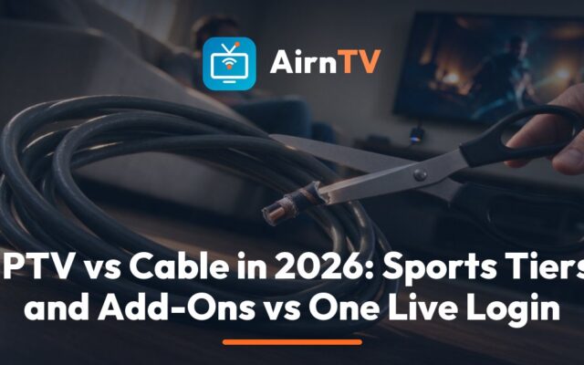 AirnTV IPTV vs cable comparison: a rented cable box and coaxial wire beside a streaming stick and a TV showing a live sports channel list