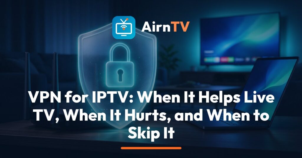 AirnTV VPN for IPTV guide: a home router and a streaming stick next to a laptop with a lock symbol, in front of a TV showing a live game