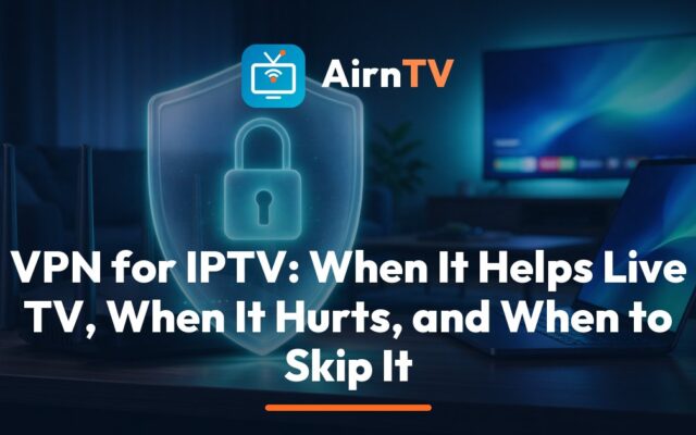 AirnTV VPN for IPTV guide: a home router and a streaming stick next to a laptop with a lock symbol, in front of a TV showing a live game